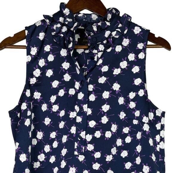 J. Crew Liberty Ruffle Neck Scattered Peony Print Sleeveless VNeck S Blue Purple - Picture 3 of 15